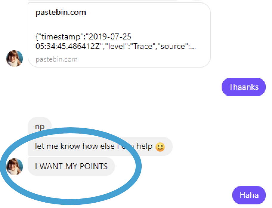 Screenshot of a chat message saying "I WANT MY POINTS"